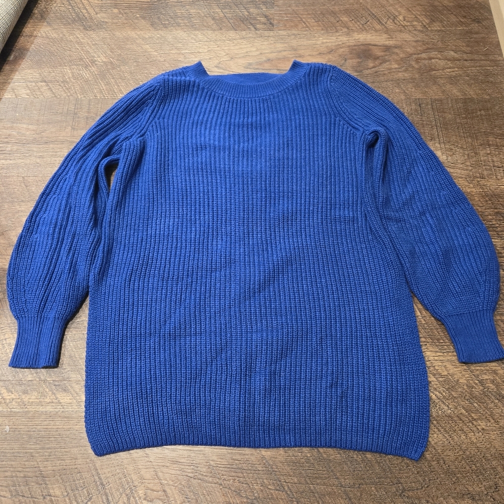 Loft Cobalt Blue Sweater Oversized Crew Neck Side Slits Back V Casual Preppy S - Picture 1 of 9
